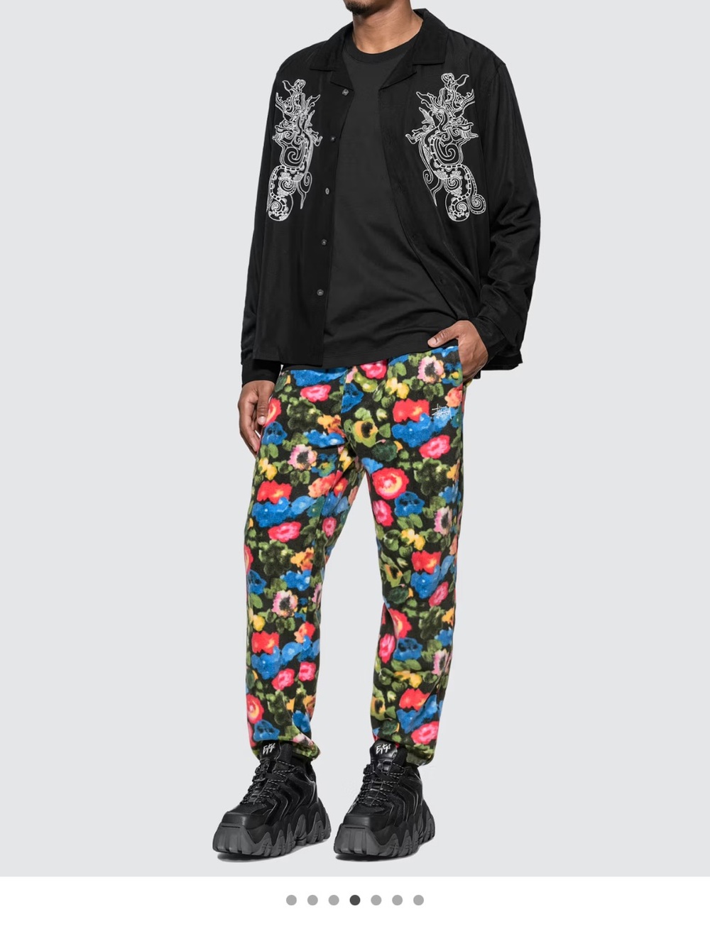 Stussy Unisex Polar Fleece Sweatpants, Colorful Floral Print, Size Large (men’s)